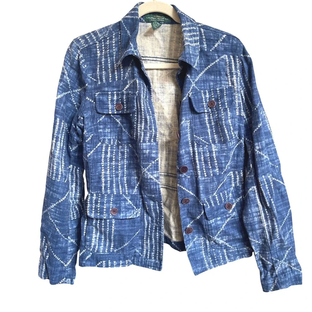 Vintage Y2K Ralph Lauren‎ Indigo Shibori Dyed Linen Cotton Batik Style Jacket M - Picture 1 of 9